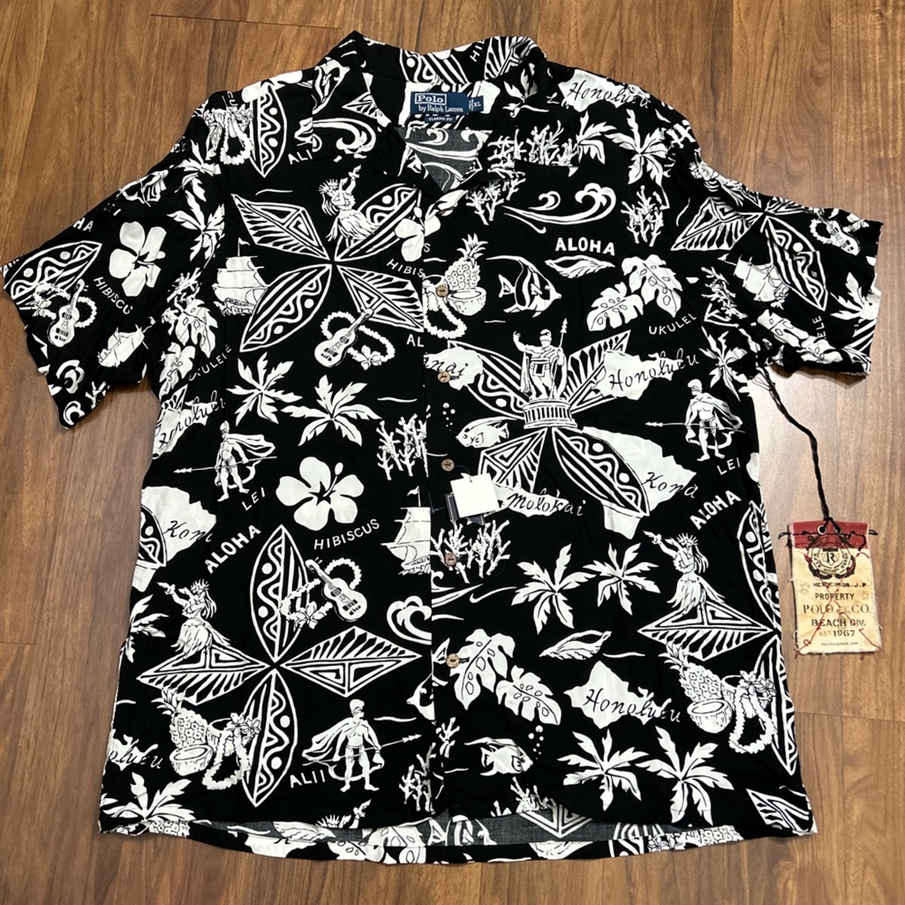 Polo by Ralph Lauren Men's Hawaiian Camp Classic Fit Black/White Floral Shirt XL